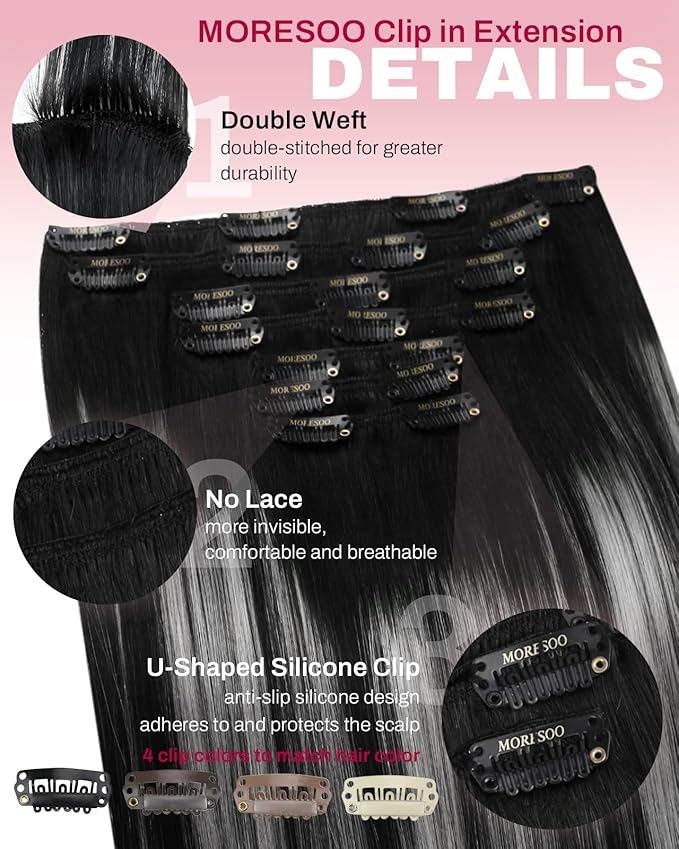 Moresoo Clip in Hair Extensions Human Hair Black to Silver Double Weft Hair Clip Extensions for Women Ombre Black with Silver 22inch 150Grams 7pcs