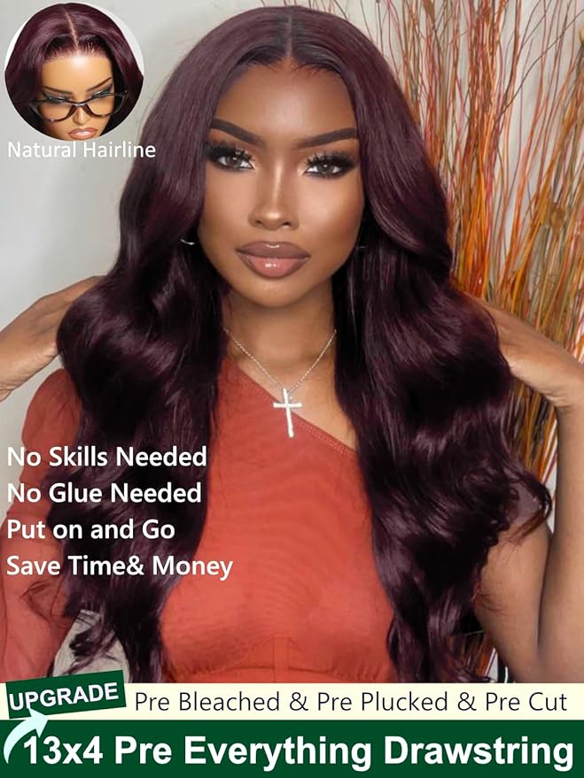 KLAIYI Black Cherry Loose Body Wave Pre Eeverything 13x4 Lace Frontal Wigs Human Hair Bye Bye Knots Glueless Ready to Wear and Go Wig with Face Framing Bangs Drawstring Pre Plucked Burgundy Wig 16Inch