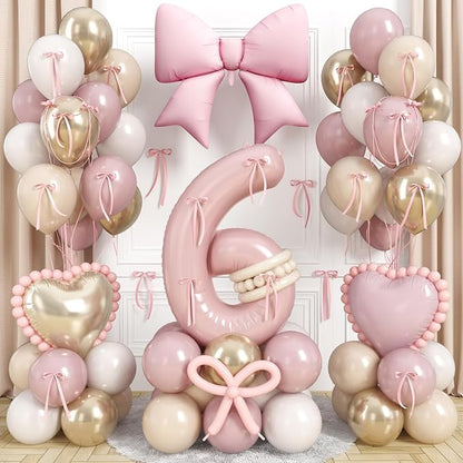 40 Inch Number 6 Balloon Pink, Dusty Blush Pink Gold White Sand Apricot Latex by Jobkoo