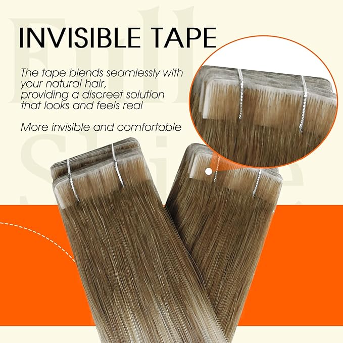 Full Shine Human Hair Tape in Extensions Color 3 Dark Brown Ombre 8 Ash Brown And 22 Blonde 24Inch Long Lasting Adhesive Tape in Hair Extensions 50G 20Pcs Seamless Skin Weft Brazilian Natural