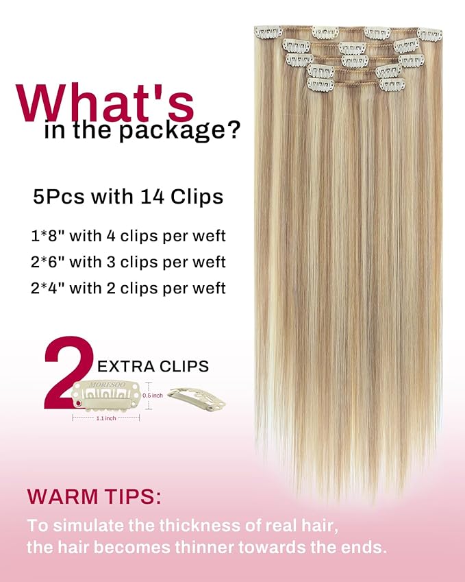Moresoo Real Human Hair Extensions Clip ins Highlighted Blonde Clip in Human Hair Extensions Golden Blonde with Medium Blond Remy Straight for Wedding Long 80g/5pcs 20 inch
