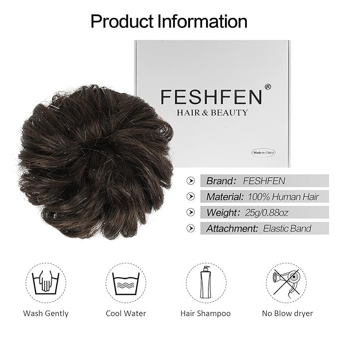 FESHFEN Human Messy Buns - 100% Human Hair Bun Real Scrunchies Hair Pieces Ponytail Extensions Wavy Tousled Updo Chignon Hairpieces for Women, Dark Brown