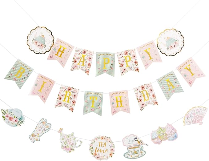 SUNBEAUTY Floral Tea Party Birthday Decorations Tea Happy Birthday Banner - Image 9