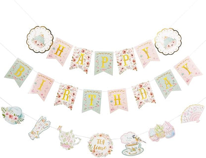 SUNBEAUTY Floral Tea Party Birthday Decorations Tea Happy Birthday Banner - Image 9