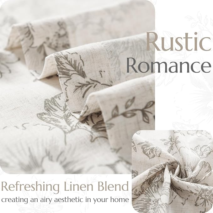 jinchan Grey Floral Linen Curtains 96 Inch Vintage Back Tab 2 Panels | Light - Image 5