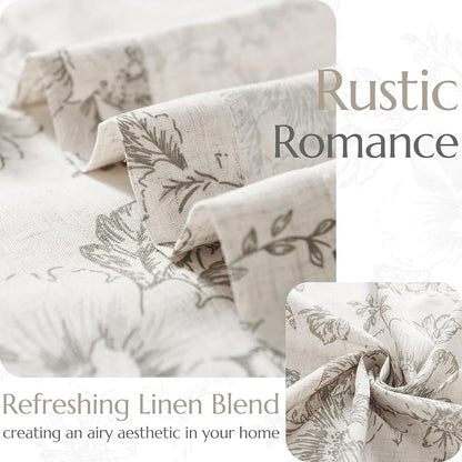jinchan Grey Floral Linen Curtains 96 Inch Vintage Back Tab 2 Panels | Light - Image 5