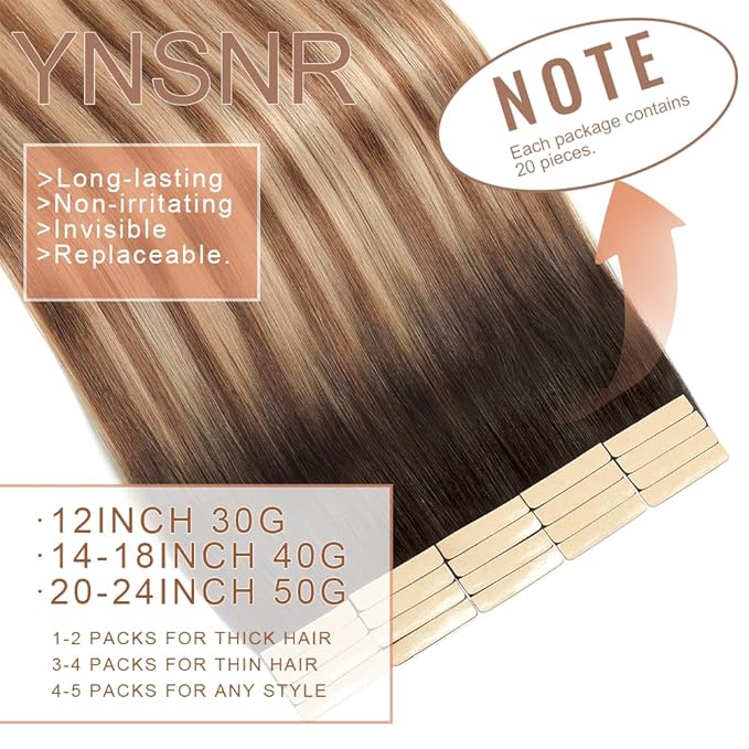 Tape in Hair Extensions Human Hair 16 Inch 20pcs Invisible Tape ins Real Human Hair Chestnut Brown to Mixed Dirty Blonde Remy Seamless Injected Tape Extensions