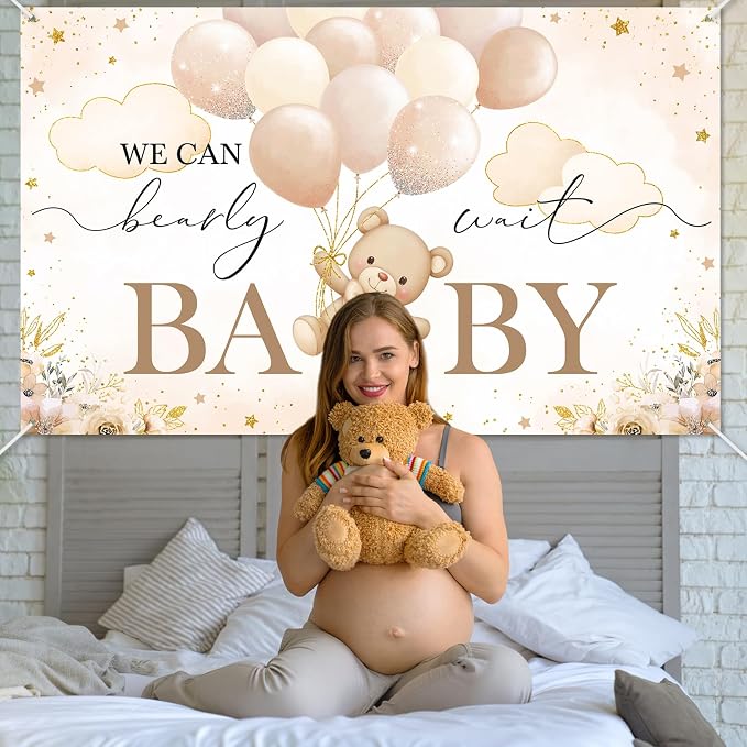 Mocsicka We Can Bearly Wait Backdrop Banner Brown Bear Baby Shower Banner Bear - Image 6