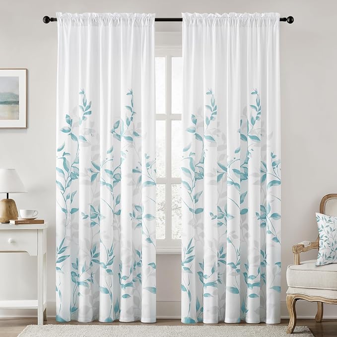 HOMEIDEAS Non-See-Through Teal and White Privacy Sheer Curtains 52 X 96 Inch by HOMEIDEAS
