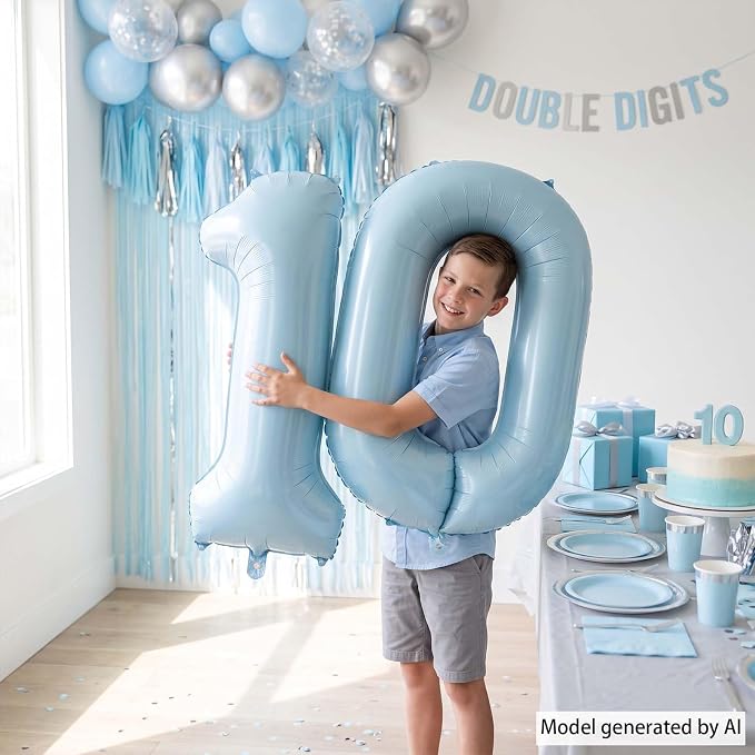 Baby Blue Number 10 Balloon 40 Inch, Sky Pastel Foil Set Party Supplies | Chic - Image 6