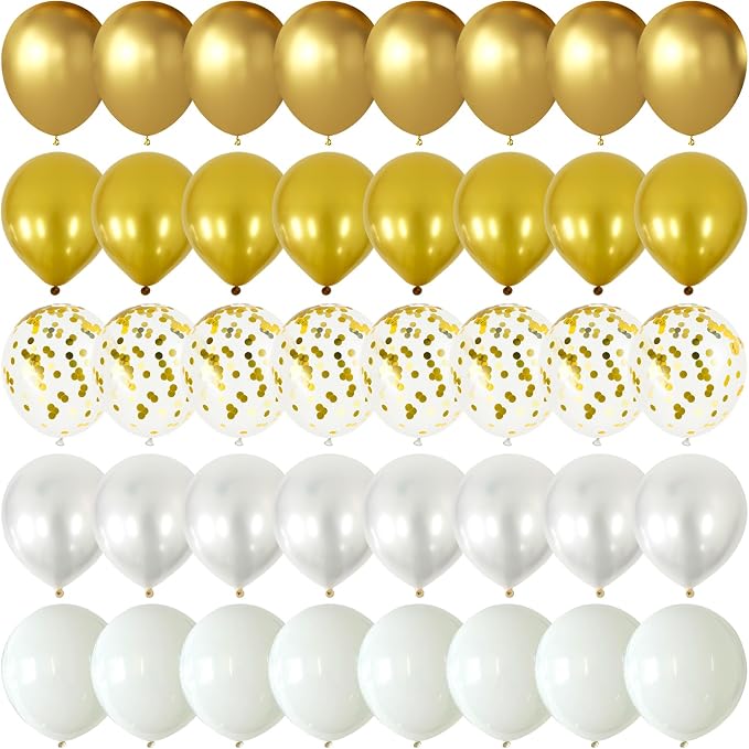 Gold and White Balloons 12 Inch 60 Pcs Metallic Gold Pearl White Latex Confetti by Searchbyoccasioncolorsize
