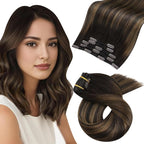 Moresoo Clip on Hair Extensions for Women Remy Double Weft Straight Balayage Short Hair Extensions Real Human Hair Clip ins Ombre Dark Brown with Chestnut Brown 5pcs 80g 10inch