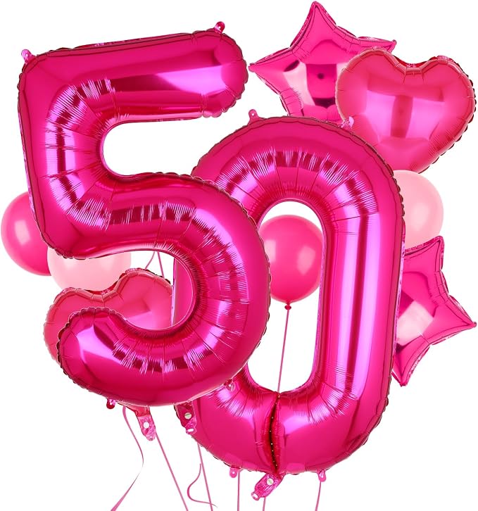 40 Inch Number Balloon Hot Pink 50 Set Pink Theme 50th Birthday Decor 10Pcs | by GGDE