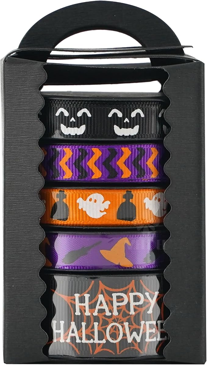 3/8 inch 1 inch Halloween Ribbon Set Spooky October Ribbon Assortment 5 Rolls - Image 9