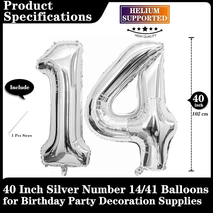 Silver 14 Number Balloons, 40 Inch Giant Number 14 Balloons Foil Mylar Helium - Image 2