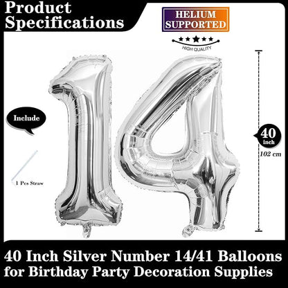 Silver 14 Number Balloons, 40 Inch Giant Number 14 Balloons Foil Mylar Helium - Image 2
