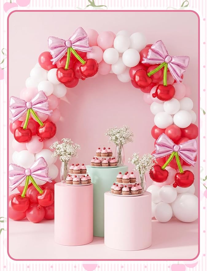 10Pcs Pink Bow Red Cherry Foil Balloons | - Image 4