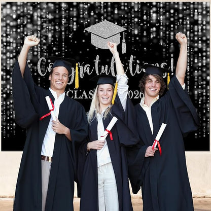 Mocsicka Class of 2026 Backdrop Black Silver Glitter Bokeh Graduation Party - Image 5