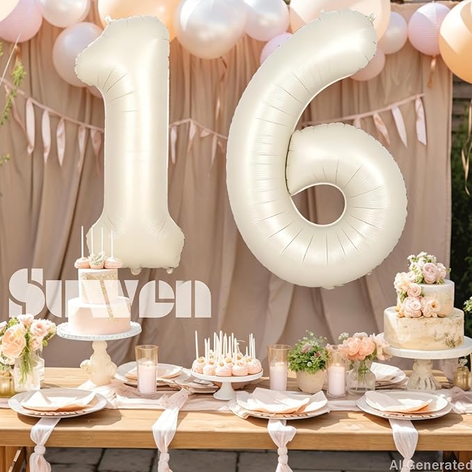 SUWEN 40 Inch Cream White Large 16 Number Balloons Big Foil Helium Number - Image 3