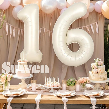 SUWEN 40 Inch Cream White Large 16 Number Balloons Big Foil Helium Number - Image 3