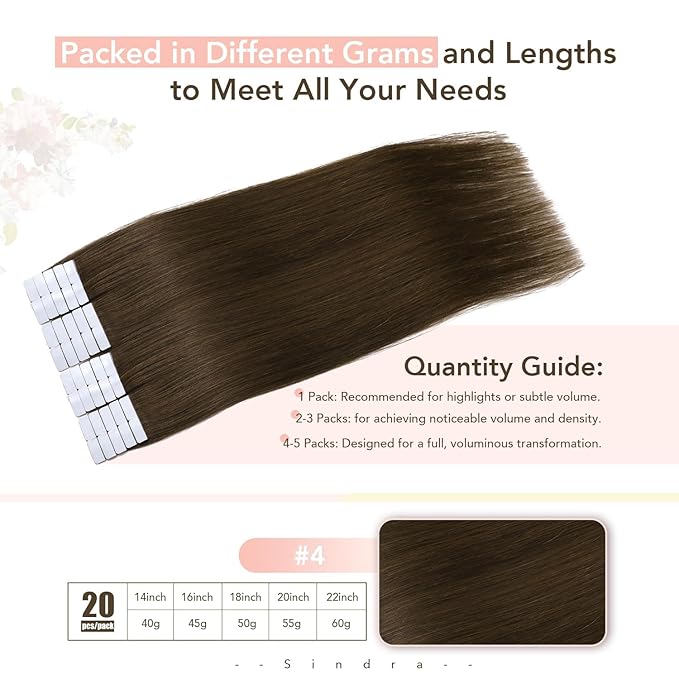 Sindra Invisi Edge Tape in Human Hair Extensions, Medium Brown Invisible Seamless Hair Tape in Extensions Balayage 16 Inch 20pcs 45g/pack