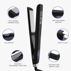 iQUE 1.25” Titanium Plates Hair Straightener & Curler 2-in-1 – Fast Heat-Up Flat Iron with Ionic Technology, Floating Plates, LCD Display, Adjustable Temp to 480°F, Dual Voltage for All Hair Types