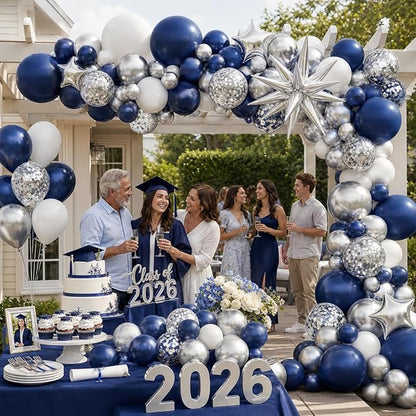 Blue Silver Balloon Garland Arch Kit, Metallic Silver Confetti Balloons Star - Image 4