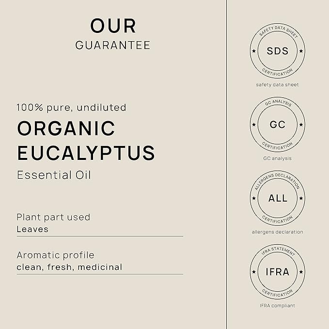 VINEVIDA Organic Eucalyptus Essential Oil 10 mL - Undiluted, Pure, Vegan, Free of Harsh Chemicals, Reusable Glass Bottle with Euro Dropper