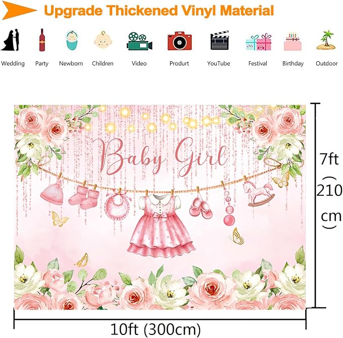 InMemory Baby Girl Shower Backdrop Pink Floral Decorations Glitter Rose Gold - Image 5