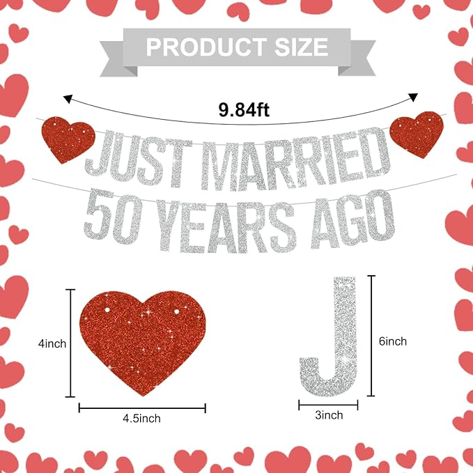 Silver Glitter Just Married 50 Years Ago Banner, NO DIY, Pre-Strung 50th - Image 3