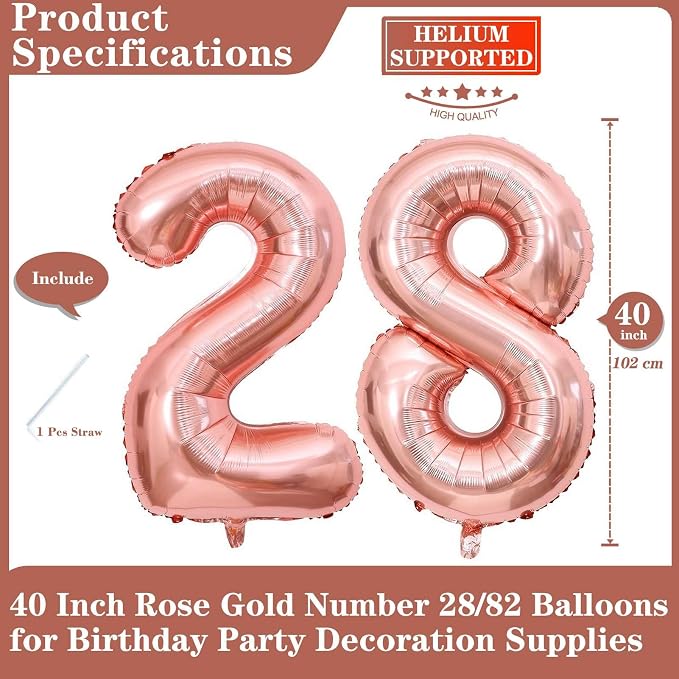 Rose Gold 28 Number Balloons, 40 Inch Giant Number 28 Balloons Foil Mylar - Image 2