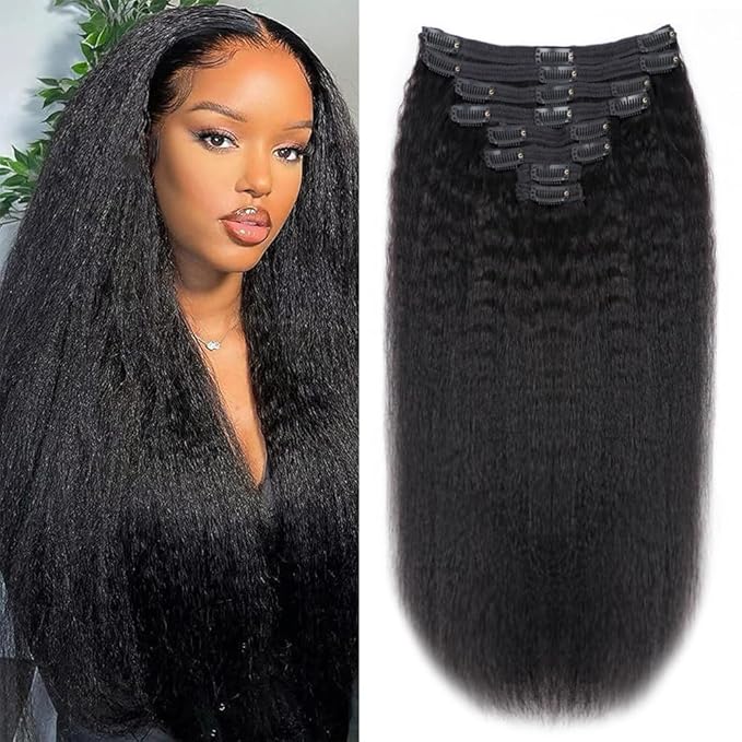 Kinky Straight Human Hair Clip in Extensions 120g Full Head Clip ins for Women 100% Unprocessed Brazilian Virgin Human Hair Yaki Straight Clip ins Remy Hair Natural Black 8Pcs 18Clips 26inch