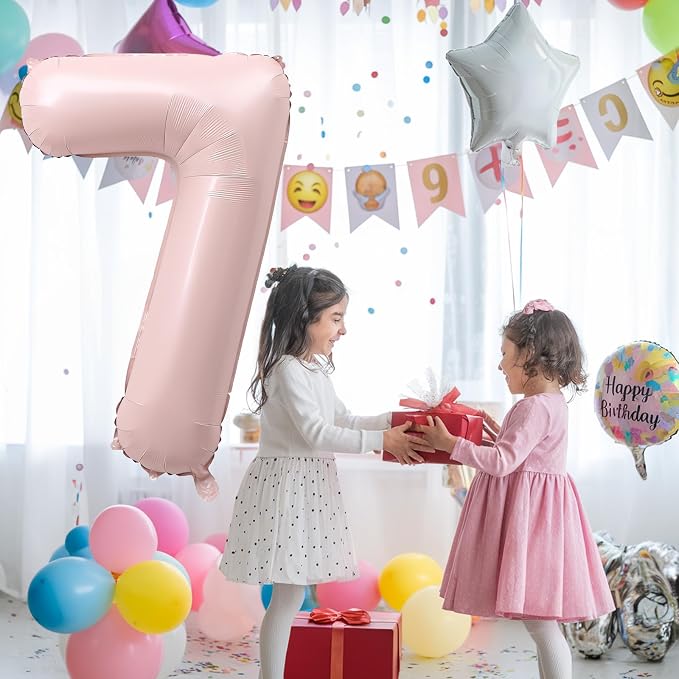7th Birthday Balloons for Girls, Pastel Dusty Blush Pink Large Mylar 7 Balloon - Image 3