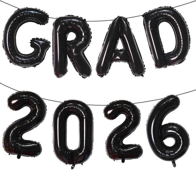 Black GRAD 2026 Banner Balloons, 16 Inch Mylar Foil letter Graduation Balloons by KALOR