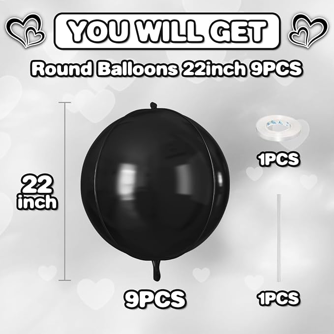 Black Round Foil Balloons 9 pcs - Image 2