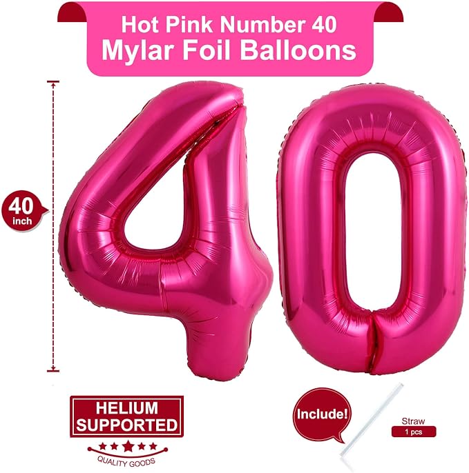 40 Inch Hot Pink 40 Number Balloons Giant Jumbo Huge 40 Foil Mylar Helium - Image 2
