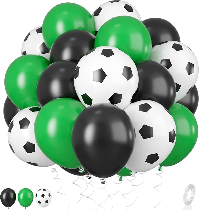 Football Balloons, 12 Inch Green Black White Latex Soccer Printed Balloons by BIAPIAN