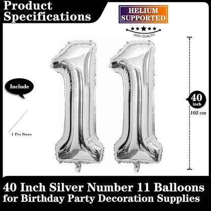 Silver 11 Number Balloons, 40 Inch Giant Number 11 Balloons Foil Mylar Helium - Image 2