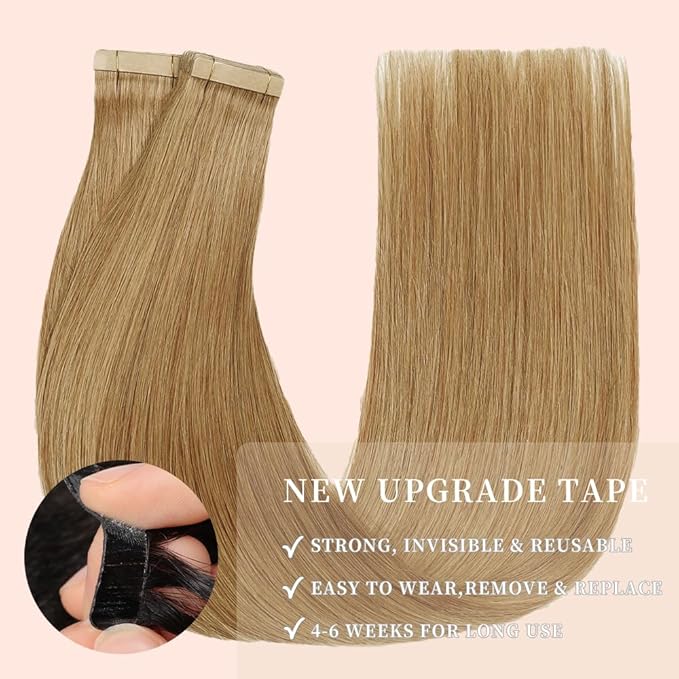 Tape in Hair Extensions Real Human Hair 24 Inch Honey Blonde Double Sided Tape for Skin Weft Hair Extension Invisible Tape in Hair Extensions Straight Remy Human Hair for Women 20pcs (27#,24 Inch)