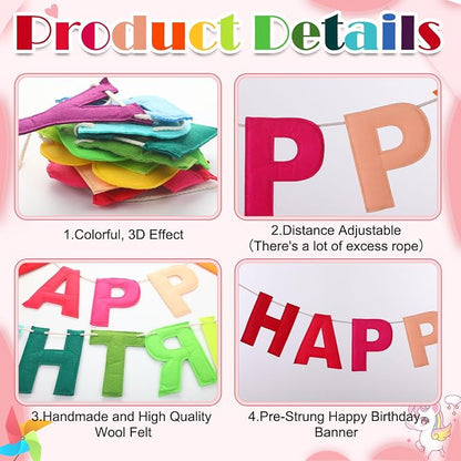 Felt Happy Birthday Garland Rainbow Banner Reusable Happy Birthday Sign Party - Image 3
