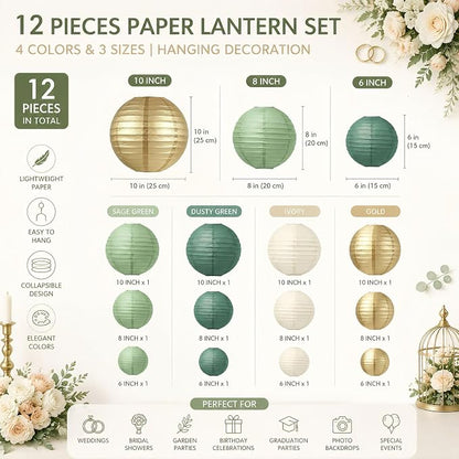 Boho Paper Lanterns Set of 12, 6/8/10 Inch Sage Green, Bridal Shower & Party - Image 4