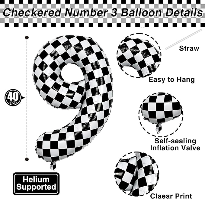 40 Inch Checkered 9 Balloon, Big Mylar Black and White Racing Balloon, Kids 9th - Image 4