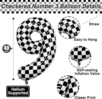 40 Inch Checkered 9 Balloon, Big Mylar Black and White Racing Balloon, Kids 9th - Image 4
