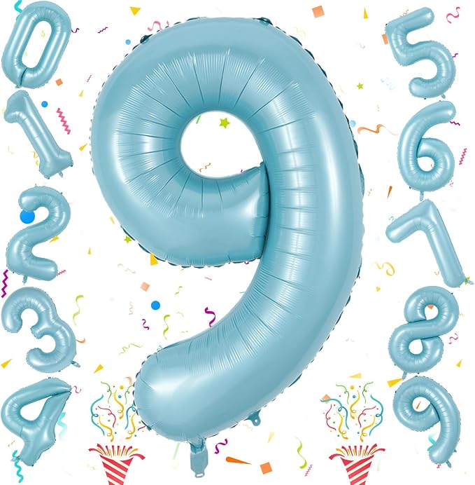 9 Balloons Number, 40 Inch Large Light Blue Mylar Number 9 Balloon, Baby Sky - Image 9