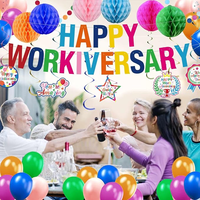 Work Anniversary Decorations, Pre-Strung Iridescent Happy Workiversary Banner - Image 5