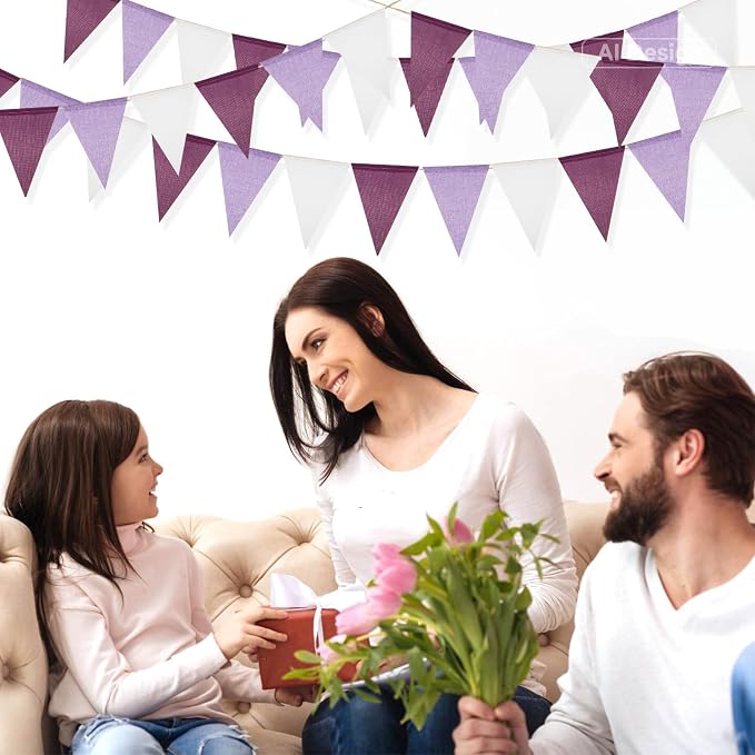 G2PLUS Pre-Strung Burlap Pennant Banners, 39Ft Purple Fabric Triangle Flag - Image 4