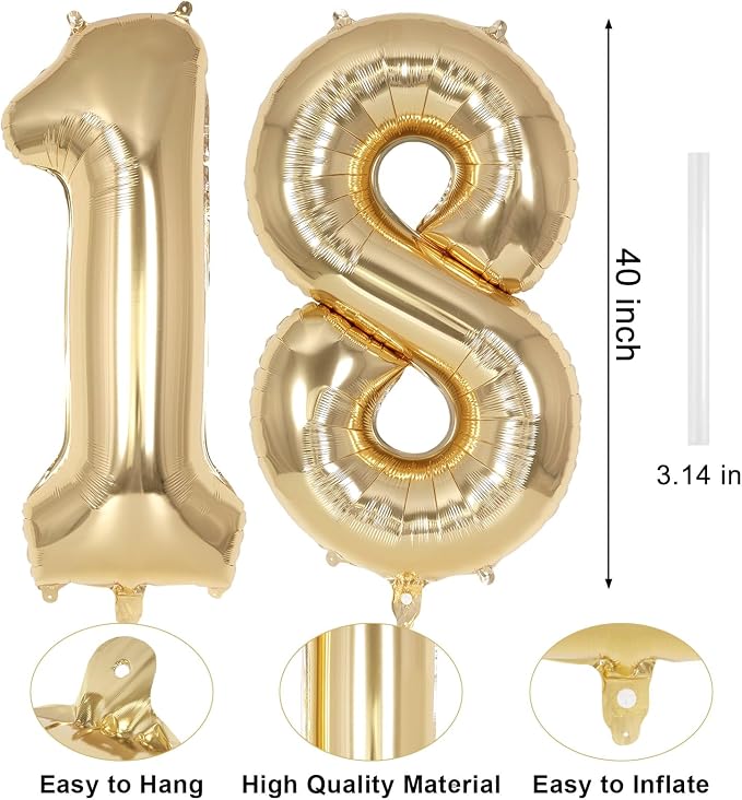 Champagne Gold Large Number 18 Balloon, 40 Inch Light Gold Foil Helium Number - Image 2