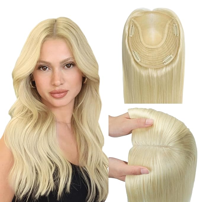 WORLDSTAR Human Hair Toppers for Women Real Human Hair No Bangs 6 * 7 Inch Base 12 Inch 55g #60 Platinum Blonde Hair Topper for Women with Thinning or Grey Roots (tp#60-12