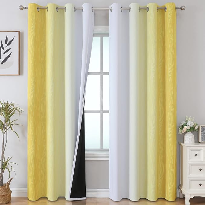 Ombre Yellow and Greyish White Blackout Curtains 96 Inches Long by ESTELARTEXTILER