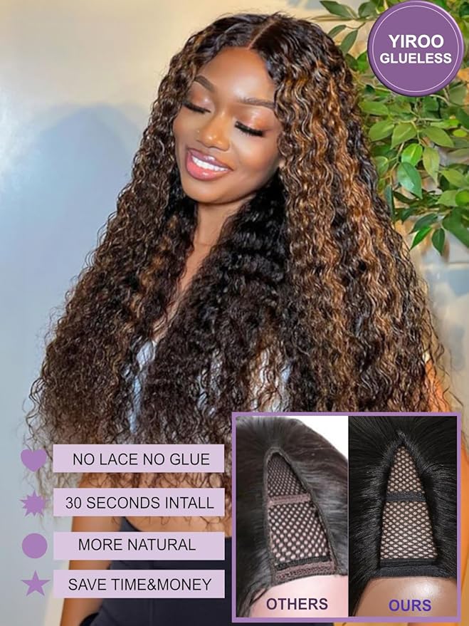 YIROO EasiContour V Part Wigs Ombre Brown Glueless Human Hair Upgrade U Part Wig with Dark Roots Highlight V Shape Clip Wigs Beginner Friendly with Drawstring Ready to Wear Chestnut Brown Color 16Inch